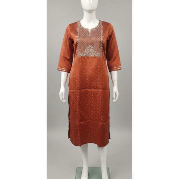 Rust brown jacquard kurti with 3/4 sleeves and embroidery India
