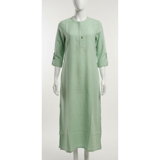 Sage green cotton kurti with 3/4 sleeves and a mandarin collar - Gangavathi Exports