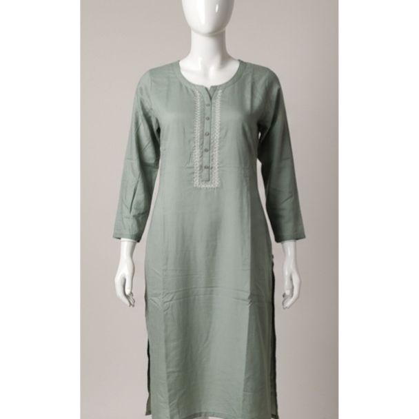Sage green embroidered cotton kurti with 3/4 sleeves