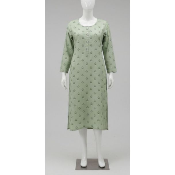 Sage green floral cotton kurti 3/4 sleeve A-line India