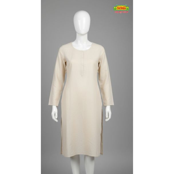 Solid beige straight cut cotton kurti with full sleeves displayed on a white mannequin
