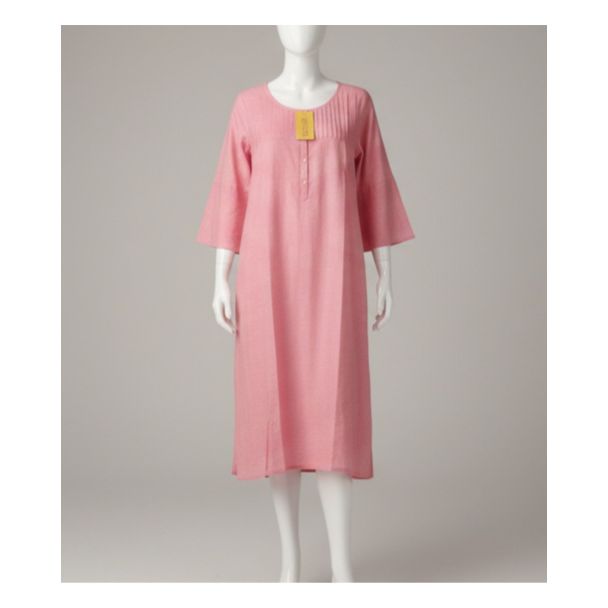 Solid dusty pink cotton A-line midi kurti with 3/4 bell sleeves on a mannequin