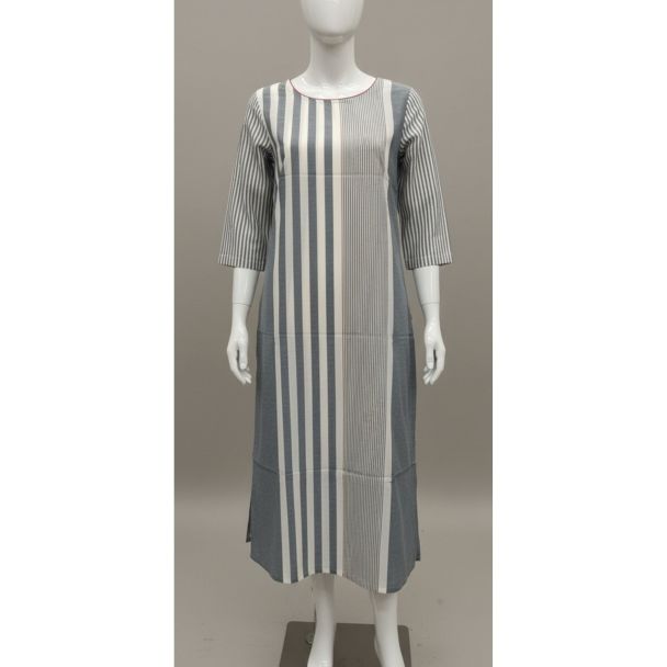 Grey and white vertically striped cotton knee-length kurti on a mannequin
