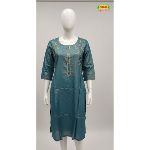 Teal blue embroidered cotton kurti 3/4 sleeve A-line - Gangavathi Exports