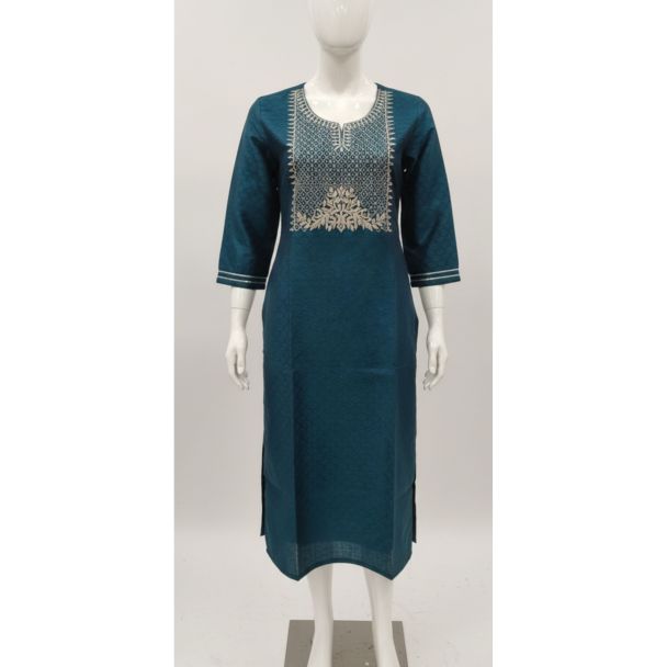Teal blue embroidered cotton kurti 3/4 sleeve A-line India