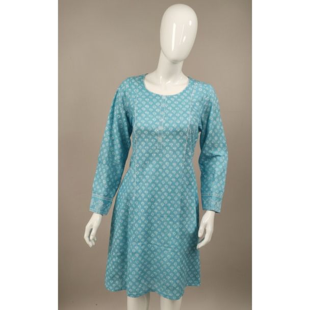 Teal blue floral cotton kurti full sleeve A-line India