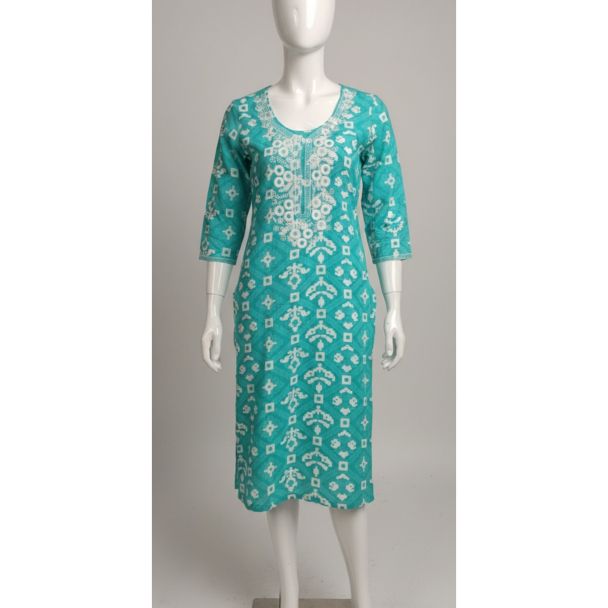Teal Blue cotton kurti with white geometric Ikat print, 3/4 sleeves, and straight fit - Gangavathi Exports
