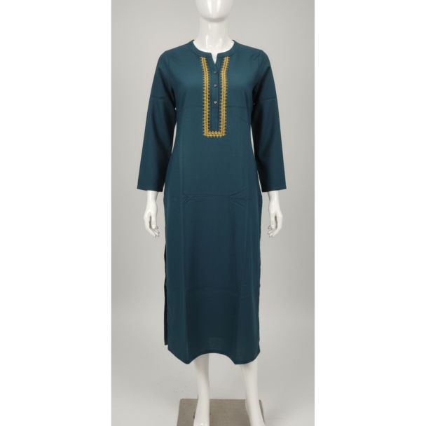 Deep teal straight fit cotton kurti featuring a gold geometric embroidered placket and 3/4 sleeves on a mannequin.