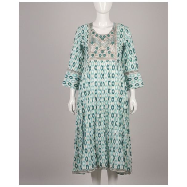 Teal geometric print cotton kurti with 3/4 bell sleeve and A-line fit - Gangavathi Exports