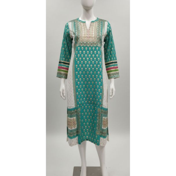 Teal green floral cotton kurti with 3/4 sleeves and A-line silhouette - Gangavathi Exports