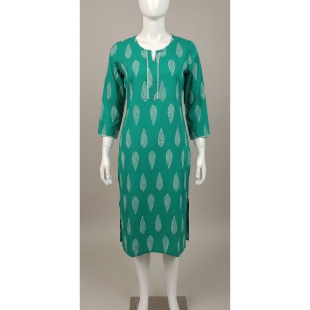 Teal green leaf print cotton kurti 3/4 sleeve A-line - Gangavathi Exports