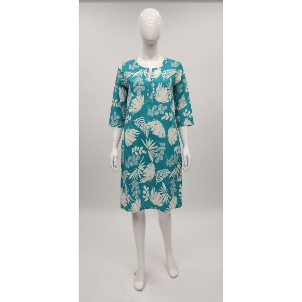 Teal leaf print cotton kurti 3/4 sleeve A-line - Gangavathi Exports