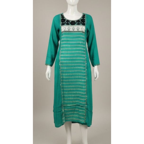 Teal green straight cut kurti featuring a detailed printed yoke and vertical gold stripes on the body, India.