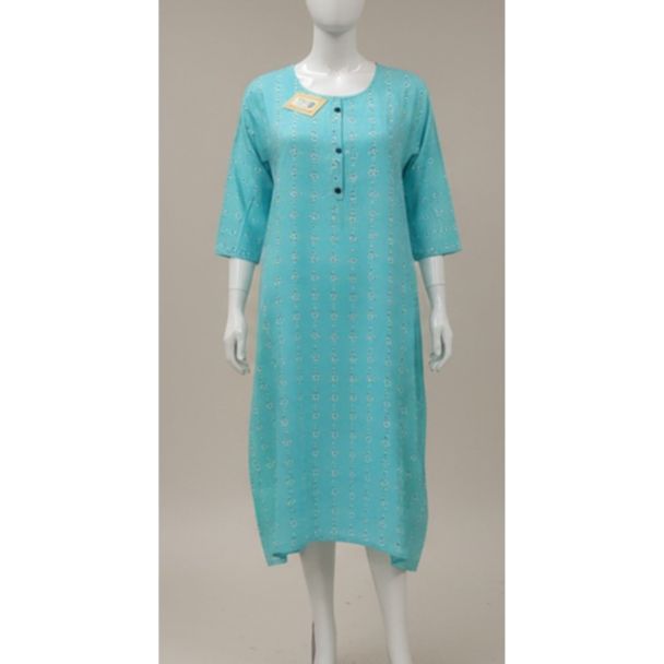 Turquoise blue floral cotton kurti 3/4 sleeve A-line India