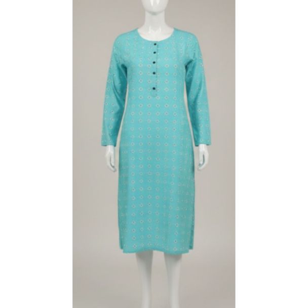 Turquoise printed straight cut cotton kurti with full sleeves on a mannequin India