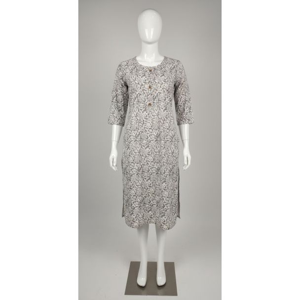 White & Gray floral cotton kurti with 3/4 sleeve A-line - Gangavathi Exports