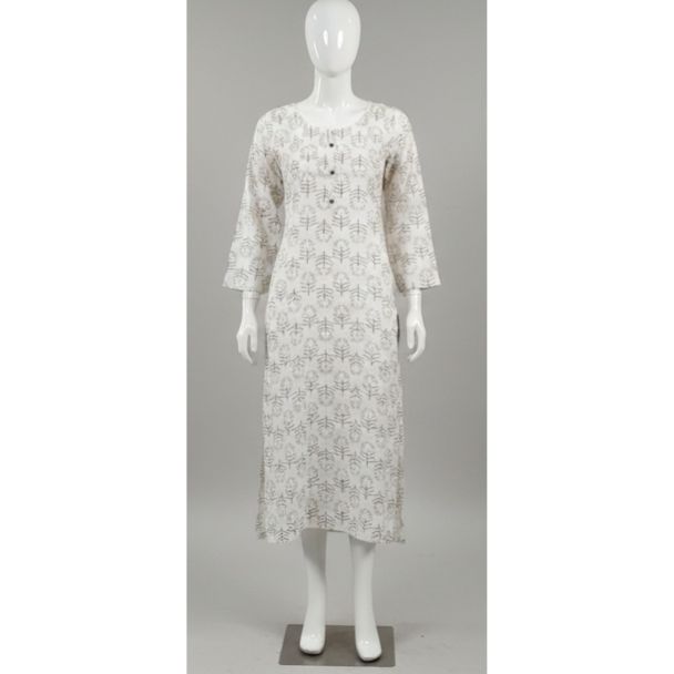 White grey block print cotton kurti 3/4 sleeve India