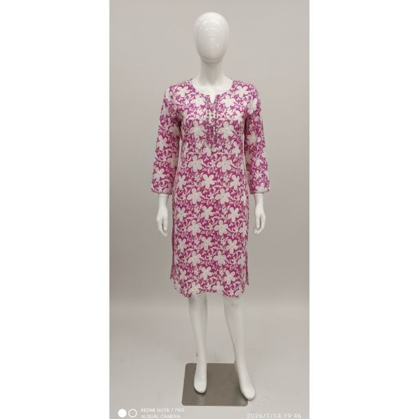 White & pink floral cotton kurti 3/4 sleeve - Gangavathi Exports