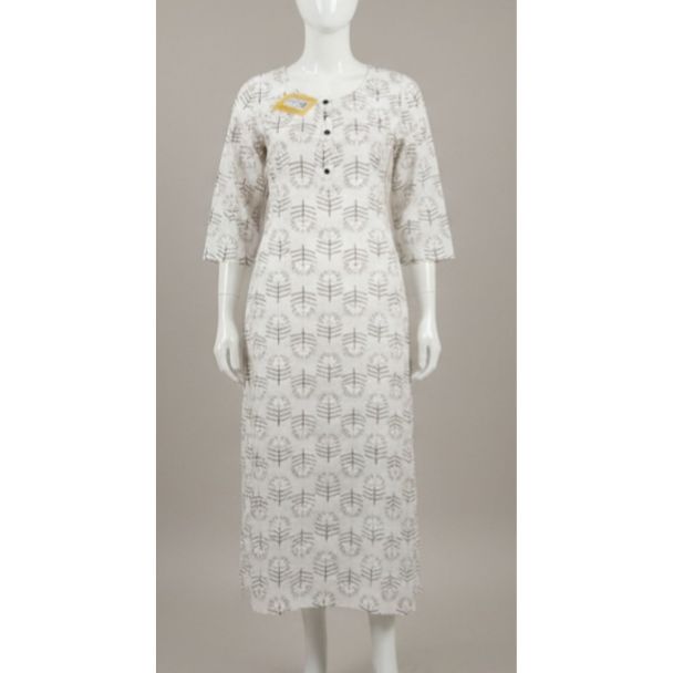 White printed cotton kurti 3/4 sleeve knee-length India