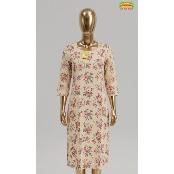 Womens beige floral print straight cut cotton kurti with 3/4 sleeves India