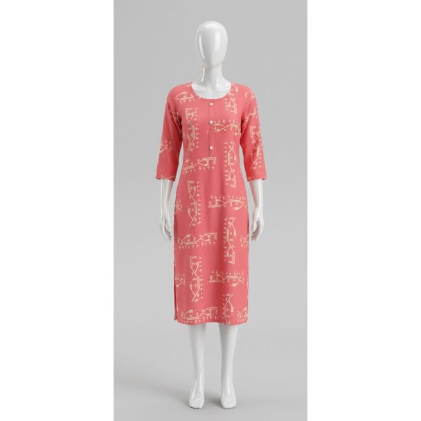Women's Coral Pink Printed Rayon 3/4 Sleeve Straight Kurti India