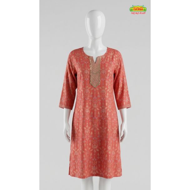 Womens Coral Printed Cotton Kurti 3/4 Sleeve Straight Cut India
