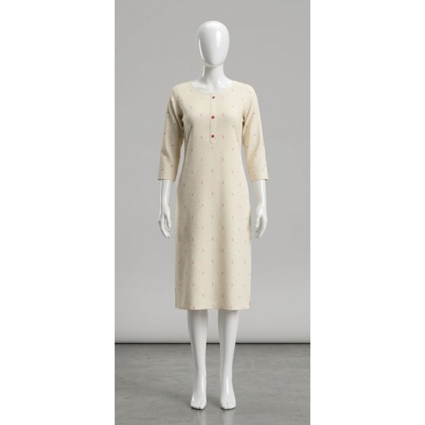 Women's Cream Floral Rayon 3/4 Sleeve Straight Cut Kurti India