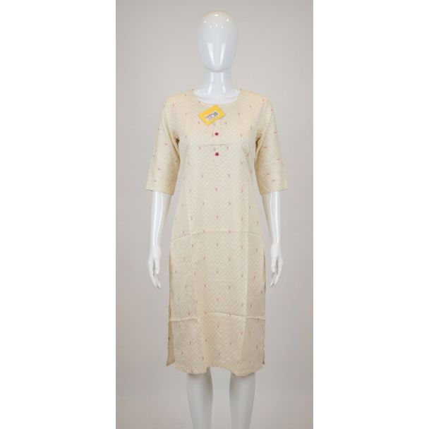 Women's Cream Floral Rayon Kurti 3/4 Sleeve Straight Cut India