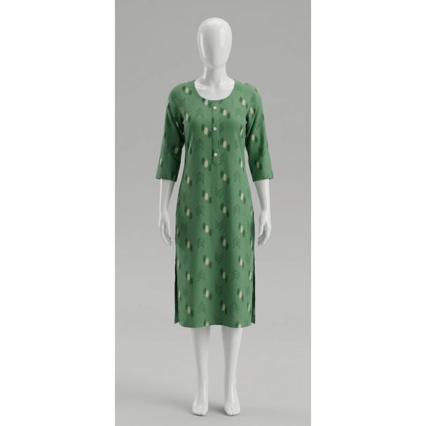 Women's Green Printed Rayon Kurti 3/4 Sleeve Straight Cut India