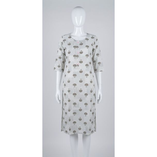 Women's Grey Floral Rayon 3/4 Sleeve Straight Kurti for women India