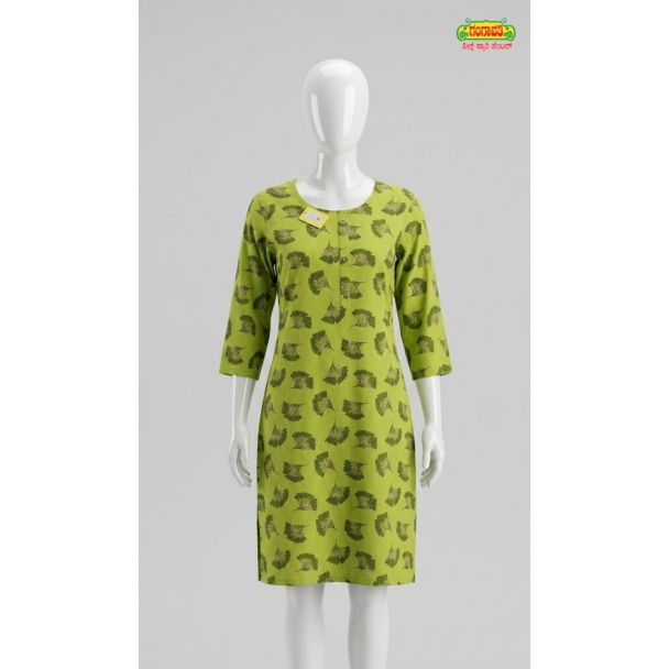 Women's lime green printed cotton straight kurti with 3/4 sleeves India