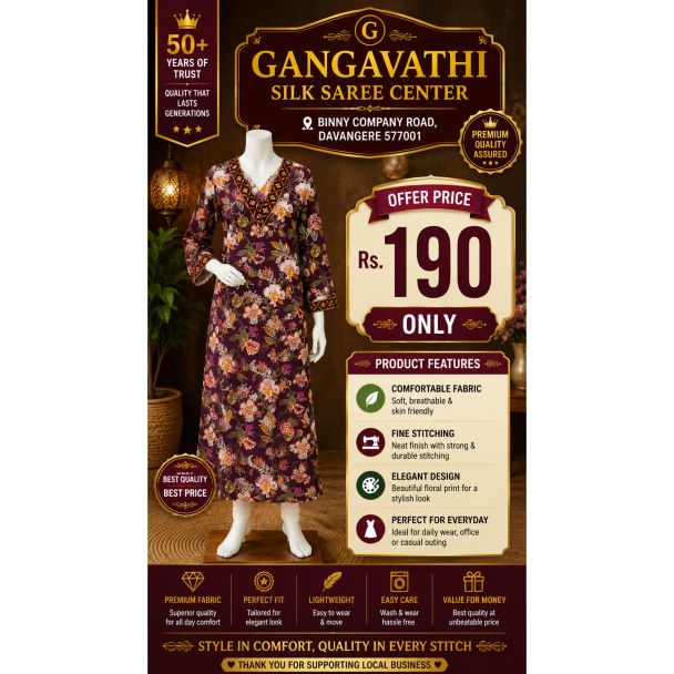 Womens Maroon Floral Rayon Kurti with V-Neck 3/4 Sleeve India