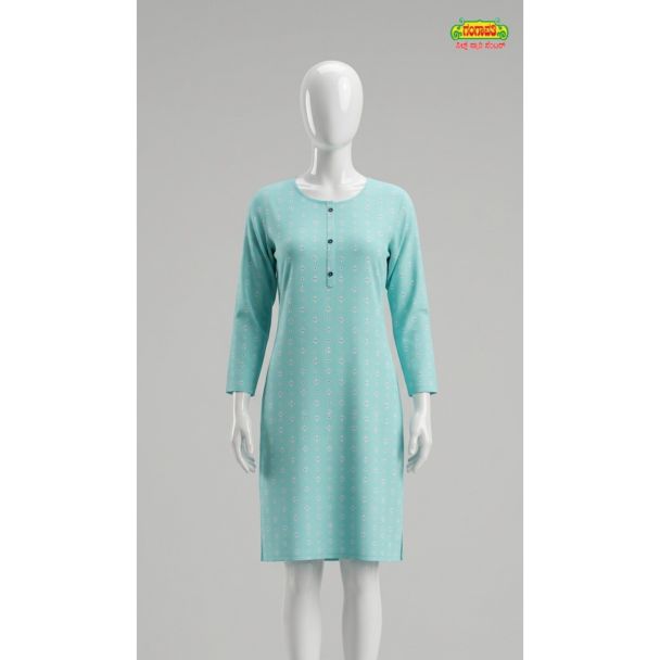 Women's mint green cotton kurti with 3/4 sleeves and button detail India