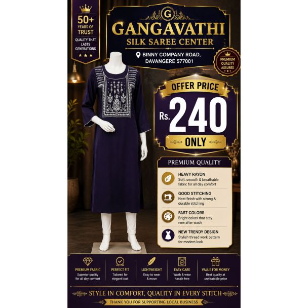 Womens Navy Blue Embroidered Rayon Kurti Ethnic Wear India