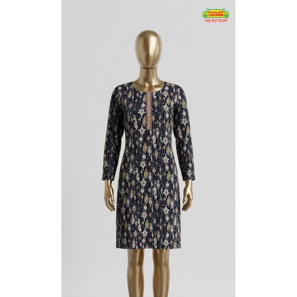 Women's navy blue ikat print 3/4 sleeve textured cotton kurti for sale in India