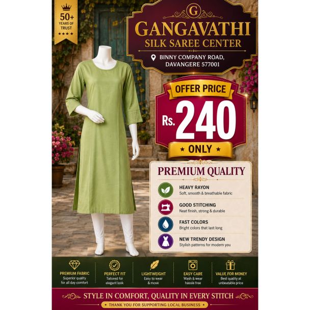 Womens Olive Green Solid Rayon Kurti 3/4 Sleeve Straight Cut India
