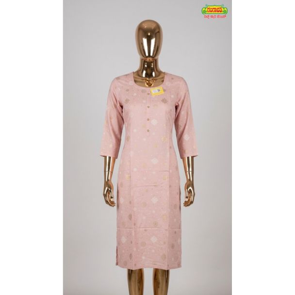 Women's pastel pink floral straight cotton kurti with 3/4 sleeves India