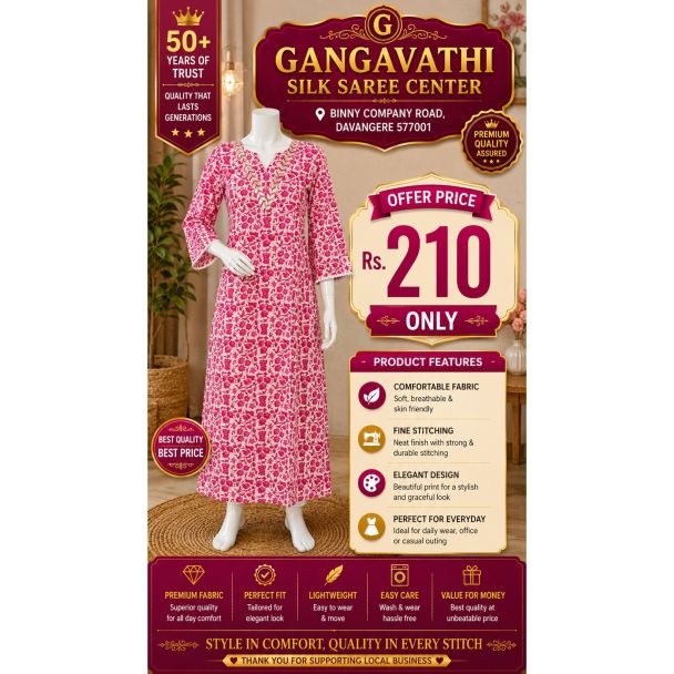 Women's Pink Floral Rayon A-Line Kurti 3/4 Sleeve Online India