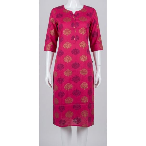 Women's Pink Gold Printed Rayon Kurti India