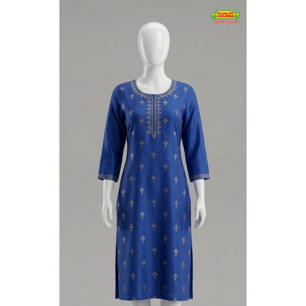 Women's Royal Blue Embroidered Cotton Kurti 3/4 Sleeve Available in India