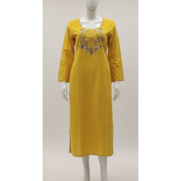 Yellow embroidered cotton kurti full sleeve India