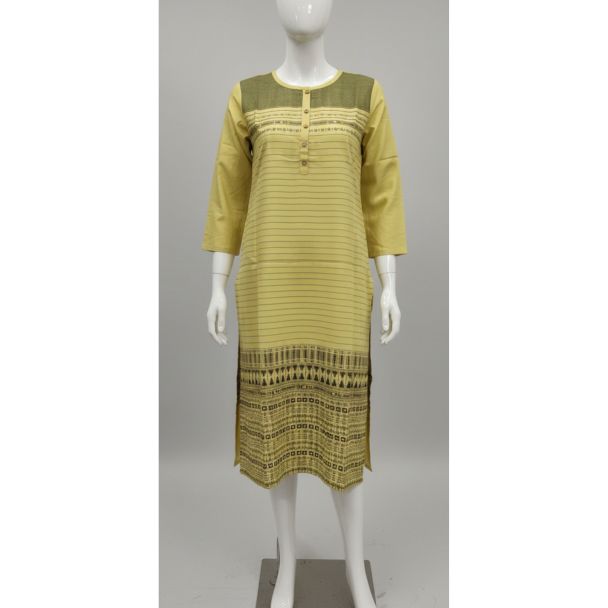 Light yellow cotton kurti with olive yoke and black geometric print hem on mannequin