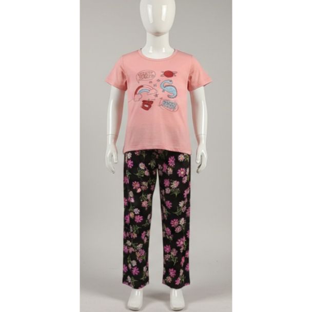 Light pink graphic print cotton top and black floral pants set India
