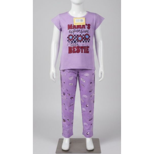 Lilac print cotton blend girls top and pajama set India