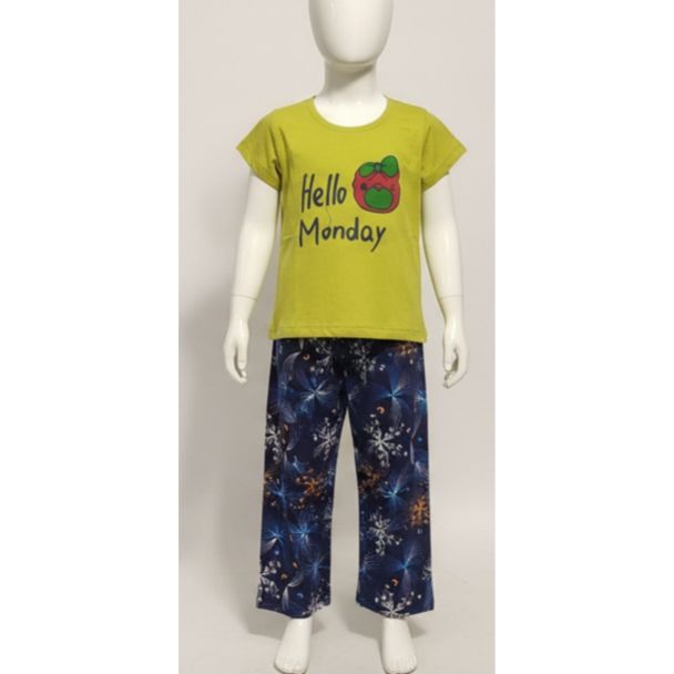 Kids lime green Hello Monday t-shirt and navy blue printed pyjama set
