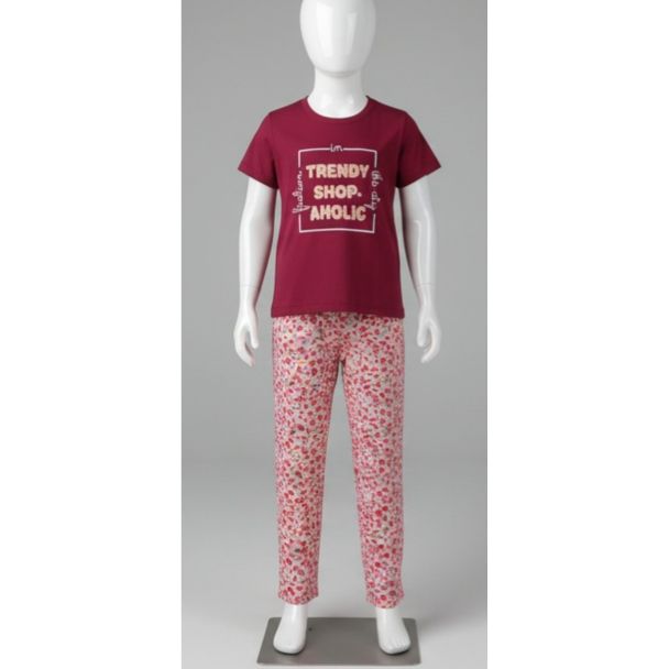 Maroon printed cotton pajama set with half sleeves and floral pants India