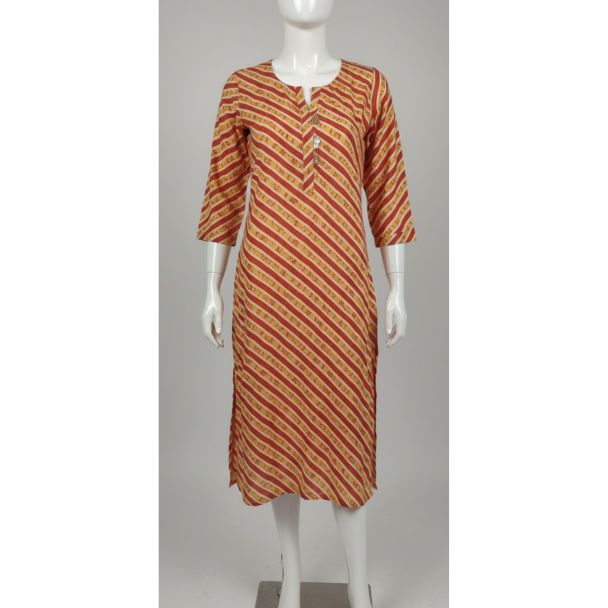 Mustard and red striped cotton kurti 3/4 sleeve A-line - Gangavathi Exports