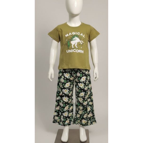 Olive green unicorn print top with black floral palazzo pants for kids India