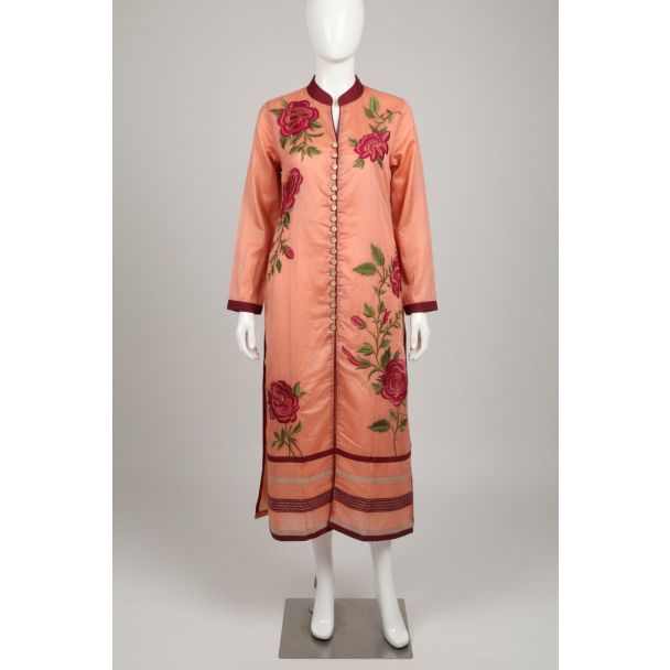 Peach Orange Rose Embroidered Straight Full Sleeve - Optimized