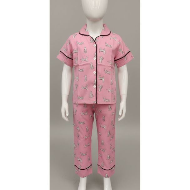 Pink cotton night suit with floral print and black piping detail